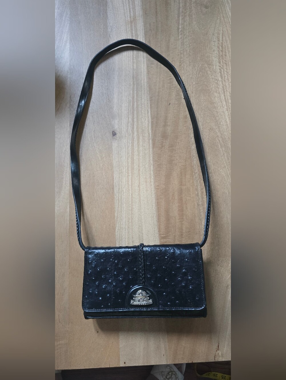 Vintage Western Black Ostrich Embossed Leather Crossbody Shoulder Bag Purse